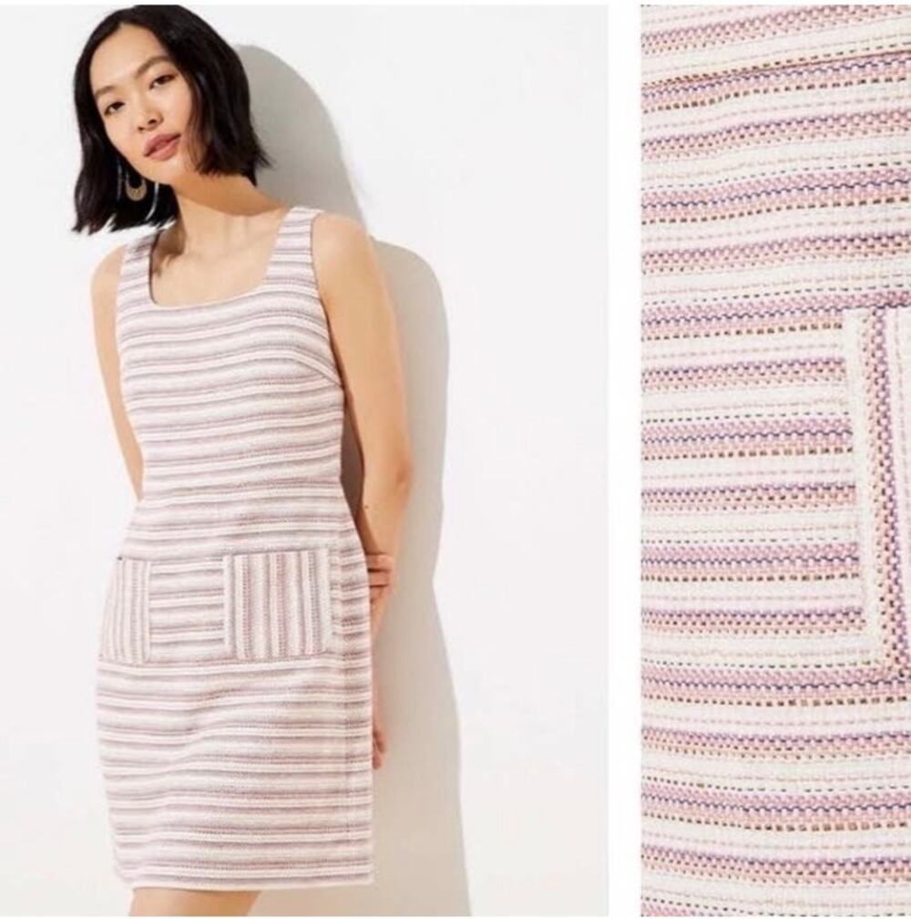 LOFT Pink Tweed Striped Shift Dress with Front Pockets - Size 12 Office Chic